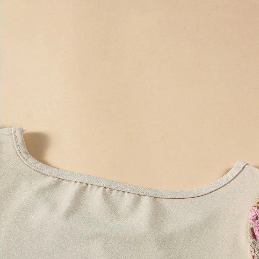 Parchment Floral Crochet Short Sleeve Top Bohemian Blouse